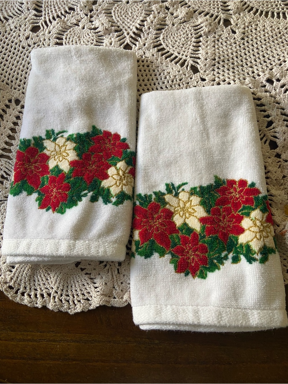 St. Nicholas Square White Hand Towels with Red, Green and Gold Poinsettia Border